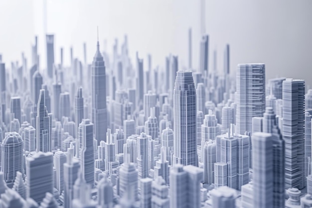 Eine belebte Metropole mit einer Sammlung von hohen Gebäuden, umgeben von städtischer Aktivität Grafische Darstellung des Prozesses des Baus von Wolkenkratzern mit Hilfe von 3D-Druckung KI generiert