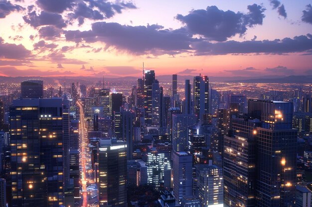 Foto eine belebte stadt-skyline in der dämmerung