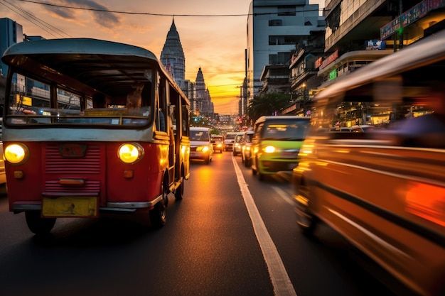 Eine belebte Stadtstraße mit einer Fülle von Fahrzeugen, die sich durch den dichten Verkehr bewegen. Tuk Tuks schlängeln sich durch den Verkehr im geschäftigen Bangkok. AI Generated