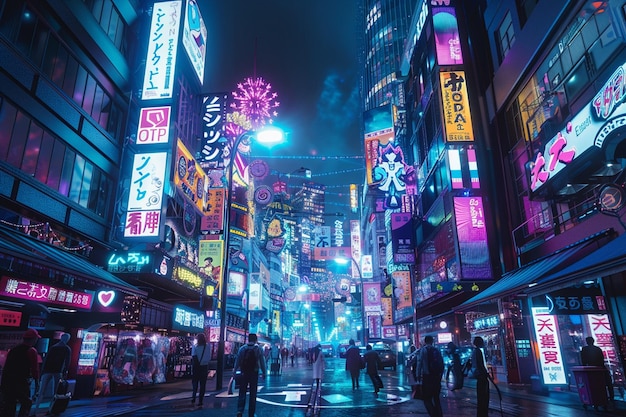 Foto eine belebte stadtstraße mit neonlichtern