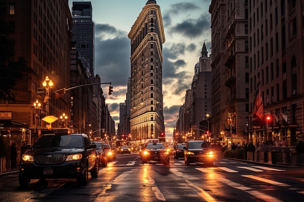 eine belebte Straße mit Autos und ein Gebäude mit einem Schild, auf dem steht: New York