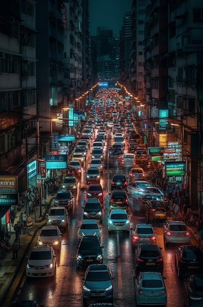 Eine belebte Straße mit einem Schild mit der Aufschrift „Hong Kong“.