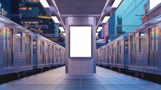 Eine belebte U-Bahn-Station mit verschwommenen Zügen in Bewegung auf beiden Seiten und einer zentralen Säule mit