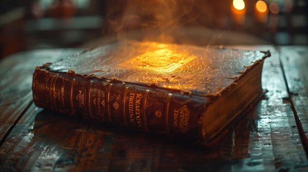 Eine beleuchtete Bibel, umgeben von Licht und Flammen auf einem dunklen Hintergrund