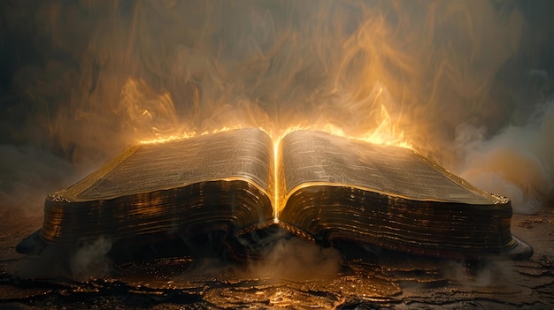 Eine beleuchtete Bibel, umgeben von Licht und Flammen auf einem dunklen Hintergrund