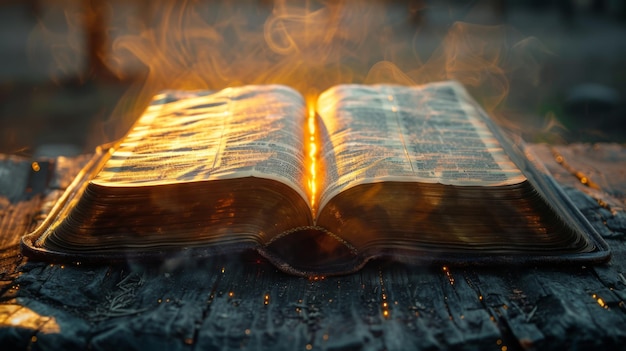 Eine beleuchtete Bibel, umgeben von Licht und Flammen auf einem dunklen Hintergrund