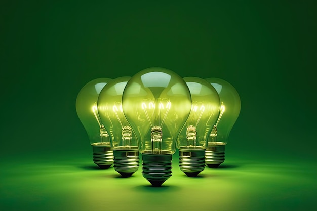 Eine beleuchtete grüne Glühbirne vorne mit vielen Glühbirnen dahinter auf grünem Hintergrund