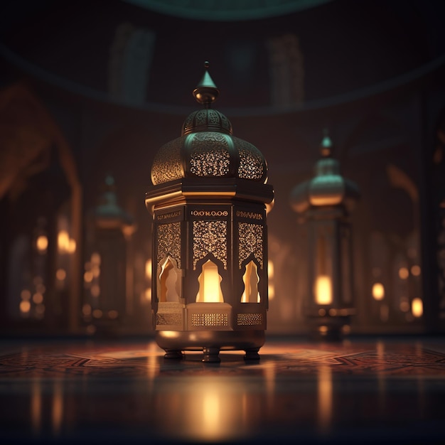 Eine beleuchtete Laterne mit dem Wort Ramadan darauf