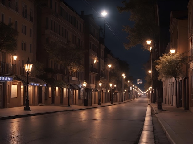 Eine beleuchtete Straße in einer Nachbarschaft in der Nacht