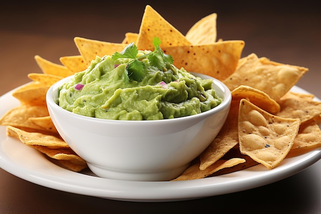 Eine beliebte mexikanische Kombination aus Guacamole-Dip und Tortillachips isoliert auf weißem Hintergrund