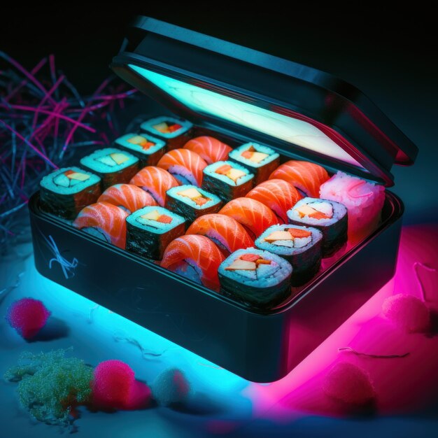 Eine Bento-Box mit Sushi auf einem Tisch. Generatives KI-Bild