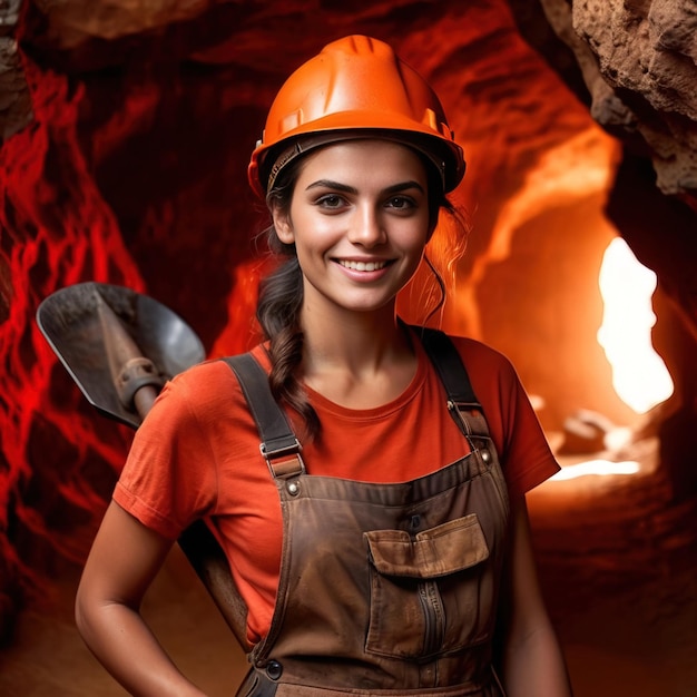 Eine Bergarbeiterin erforscht eine unterirdische Höhlenmine