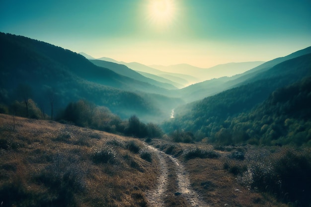 Eine bergige Landschaft mit sonnigem Himmel im Hintergrund