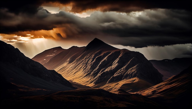 Eine Bergkette bei Sonnenuntergang mit Wolken, die die Gipfel umgeben und einen dramatischen und stimmungsvollen Effekt erzeugen. Generative KI-Illustration