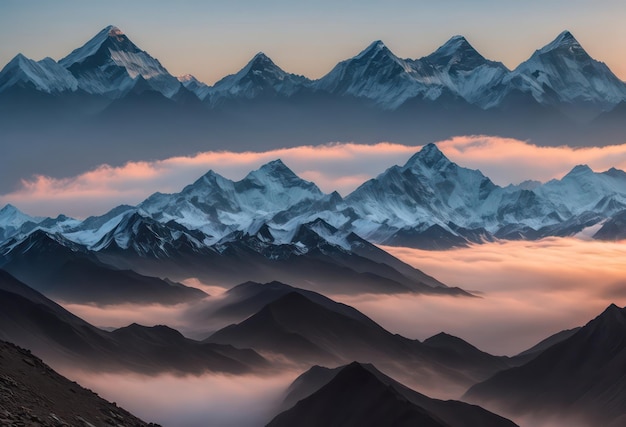 Eine Bergkette mit einem rosa Himmel und den Worten Everest auf der Spitze