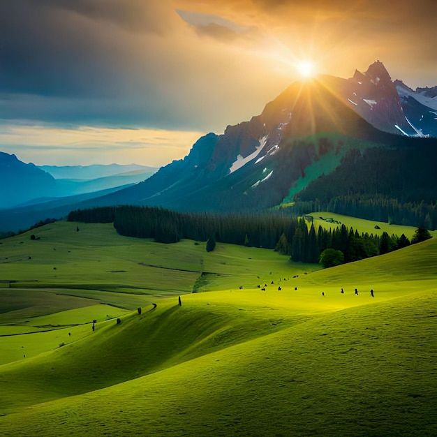 Eine Bergkette mit einer hinter ihr untergehenden Sonne, einem Feld aus grünem Gras und einem Berg im Hintergrund