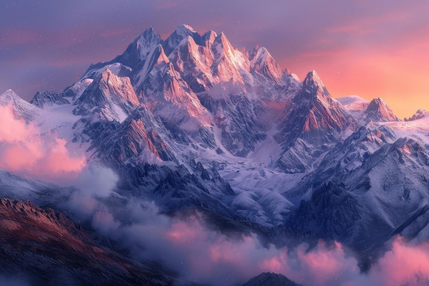 Eine Bergkette mit Schnee und einem rosa Himmel im Hintergrund