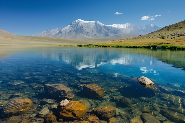 Eine Bergkette spiegelt sich im Wasser eines Sees wider, mit Felsen im Vordergrund und einem Grasgebiet