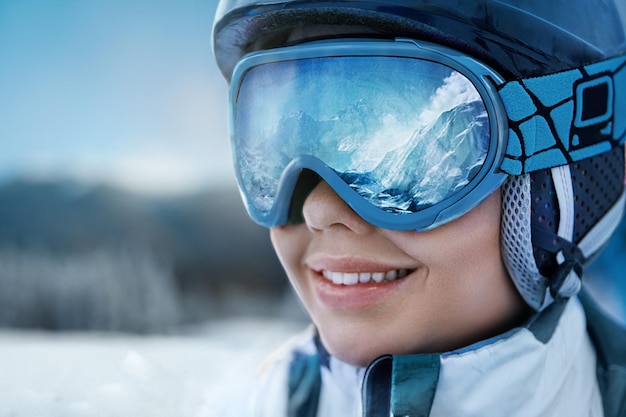 Foto eine bergkette spiegelt sich in der skimaske wintersportfrau im skigebiet auf dem hintergrund von bergen und blauem himmel