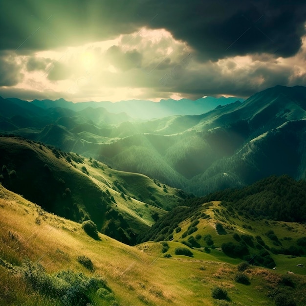 Eine Berglandschaft mit bewölktem Himmel und durch die Wolken scheinender Sonne