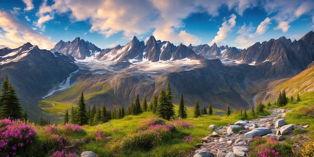 Eine Berglandschaft mit einem Berg im Hintergrund