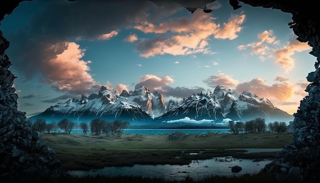 Eine Berglandschaft mit einem blauen See und Bergen im Hintergrund.