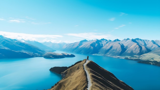 Eine Berglandschaft mit einem blauen See und einem Berg im Hintergrund