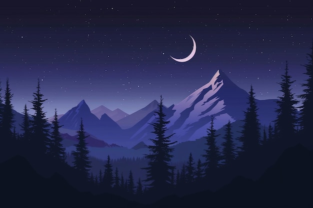 eine Berglandschaft mit einem Mond und Sternen darüber