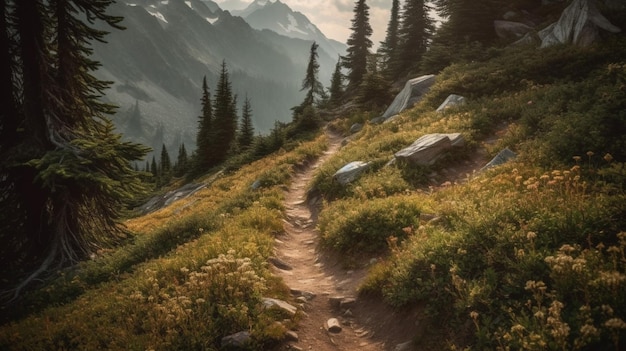 Eine Berglandschaft mit einem Pfad, der zu Bergen und Bäumen führt.