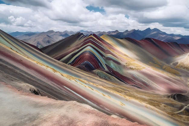 Eine Berglandschaft mit einem regenbogenfarbenen Berg im Hintergrund.