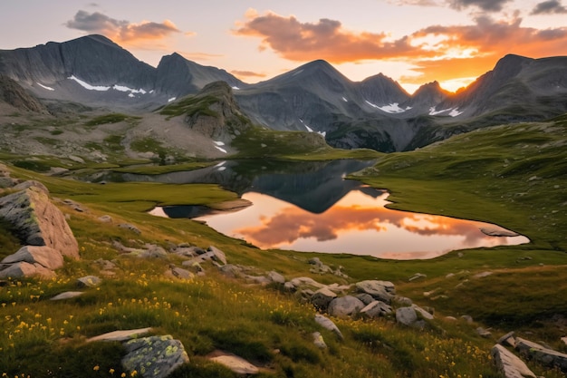 Eine Berglandschaft mit einem See und Bergen im Hintergrund