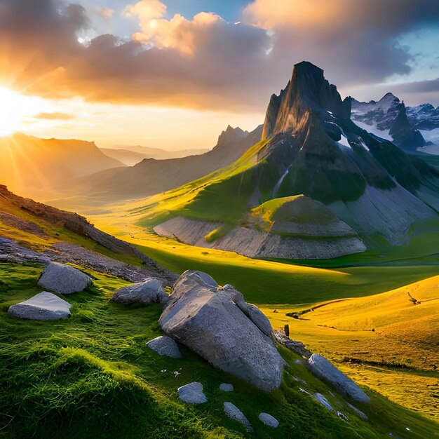 Eine Berglandschaft mit einem Sonnenuntergang im Hintergrund