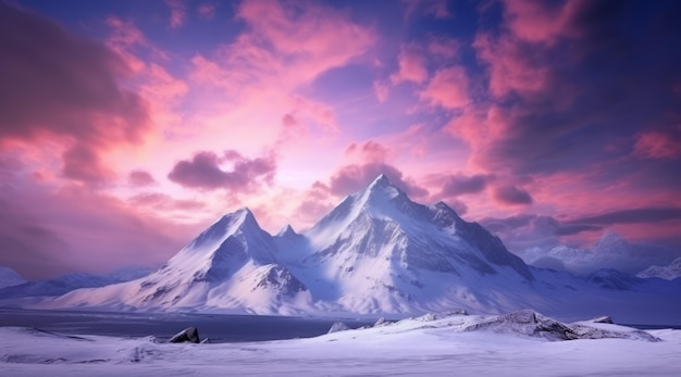 eine Berglandschaft mit einem Sonnenuntergang im Hintergrund