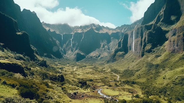 Eine Berglandschaft mit einem Wasserfall in der Mitte