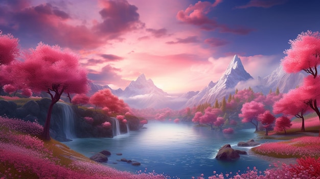 eine Berglandschaft mit einem Wasserfall und einem rosa Himmel