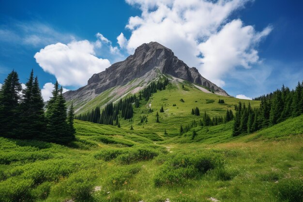 Eine Berglandschaft mit einer grünen Wiese und einem Wanderweg im Vordergrund.