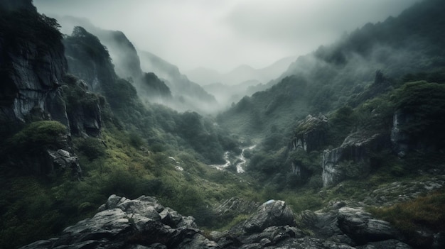 Eine Berglandschaft mit Nebel und Nebel