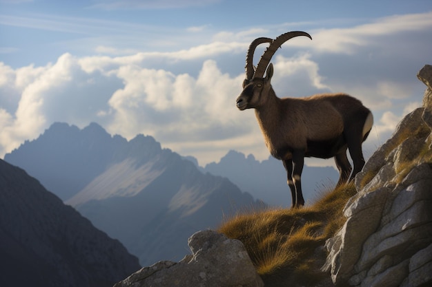 Eine Bergziege steht auf einer Klippe in den Bergen