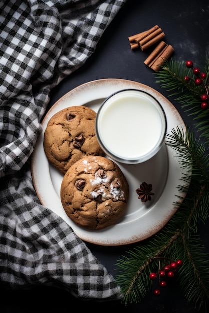 Eine beruhigende minimalistische flache Schicht aus gebackenen Kekse und warmer Milch für die Weihnachtsnacht, die von KI generiert wurde.