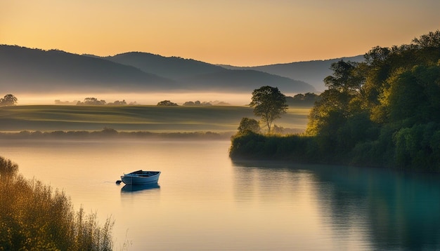 Eine beruhigende und friedliche ländliche Landschaft mit klarem blauen Himmel und goldenem Sonnenaufgang mit einsamem Boot