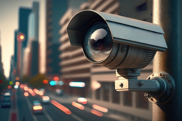 Eine Überwachungskamera, die eine schnelllebige moderne Stadtstraße G überwacht