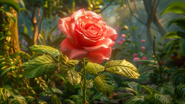 Eine bezaubernde einzelne rote Rose blüht in einem magischen sonnigen Wald, ein Symbol für Romantik und Schönheit.