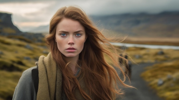 Eine bezaubernde isländische Frau in Island, umarmt von der Schönheit der Natur, die die Anmut und Widerstandsfähigkeit des von der KI erzeugten isländischen Geistes verkörpert