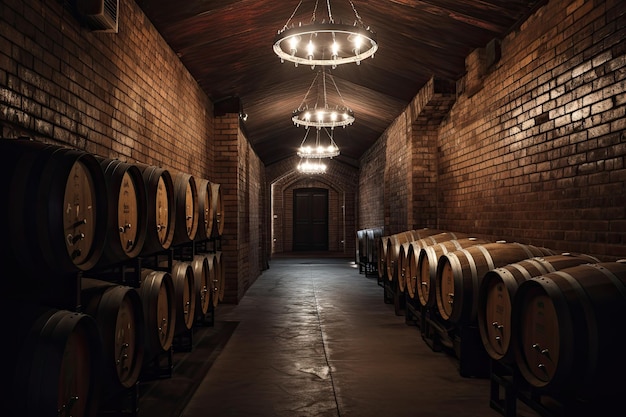 Foto eine bezaubernde reise durch einen weinkeller. ein mit fässern gesäumter tunnel aus holz, ziegeln und wein