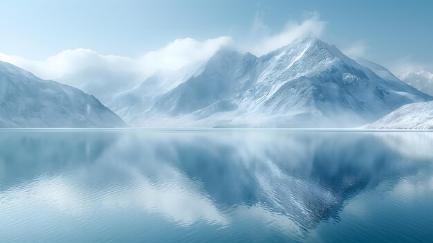 Foto eine bezaubernde winterlandschaft mit schneebedeckten bergen und einem ruhigen see