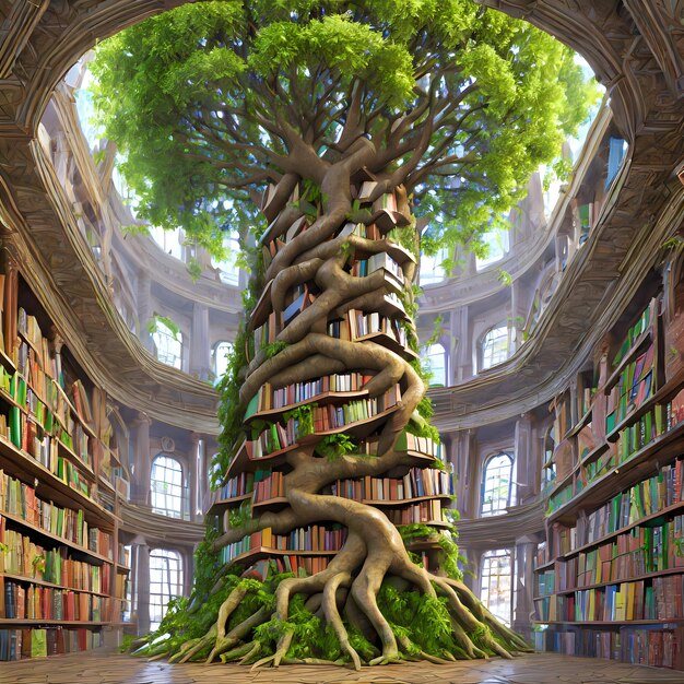 eine Bibliothek mit einem Baum, der aus der Spitze des Bücherregals wächst