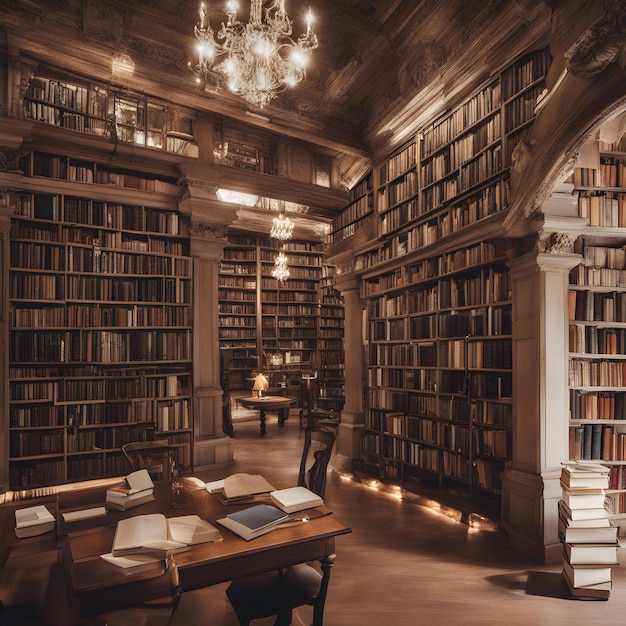 Foto eine bibliothek mit einem bücherregal voller bücher und einer lampe