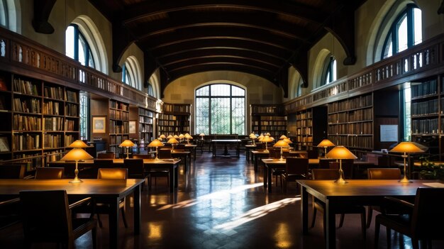 eine Bibliothek mit einem großen Fenster mit Blick auf den Wald.