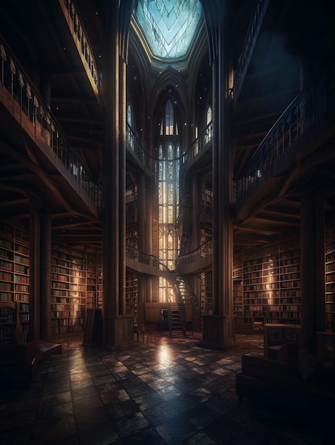 Eine Bibliothek mit einem großen Fenster und einem großen Fenster mit der Aufschrift „Bibliothek“.