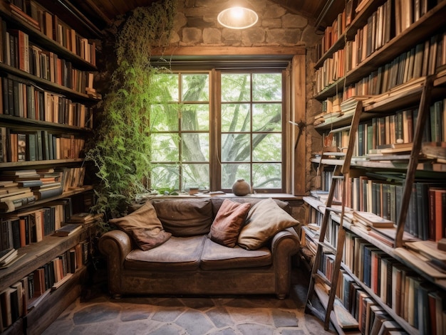 Eine Bibliothek mit einer Couch und einem Fenster, an dem eine Pflanze hängt.